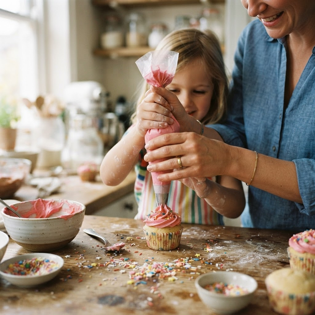 Mãe e criança decorando cupcakes