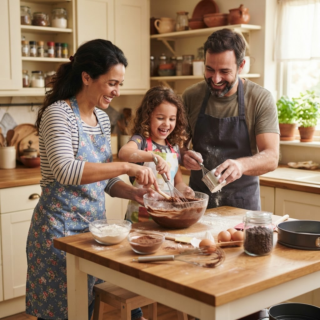 Família preparando sobremesa junta na cozinha