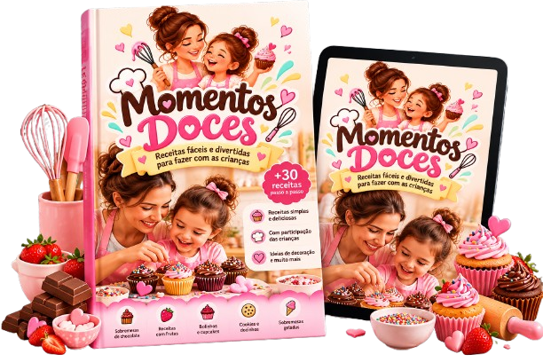 Livro e tablet com o produto Momentos Doces, cercados por cupcakes e utensílios de confeitaria